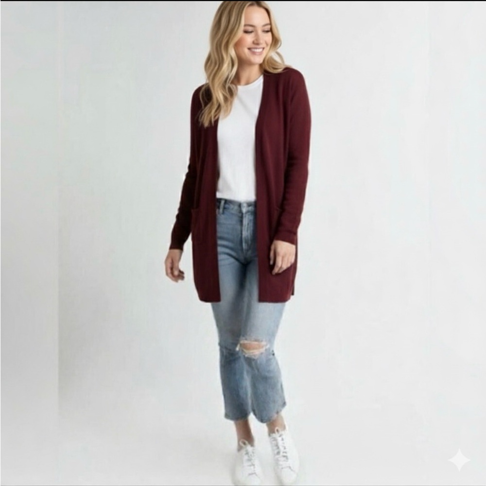 NWT ATM Anthony Thomas Melillo 100% Cashmere Open Front Cardigan Burgundy S